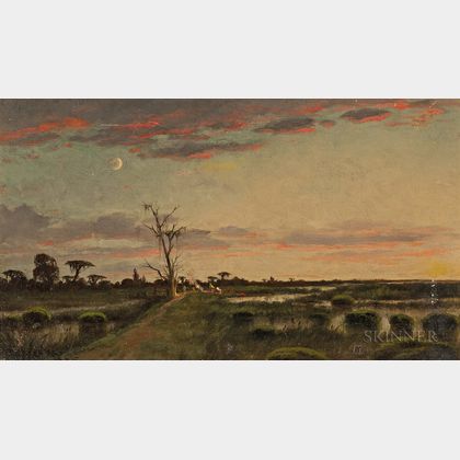 Joseph Rusling Meeker (American, 1827-1889) Bayou Field with Campsite at Dusk under a Crescent Moon
