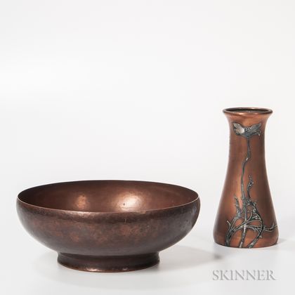 Karl F. Leinonen (1866-1957) Copper Bowl and Heinz Silver-on-Copper Vase 