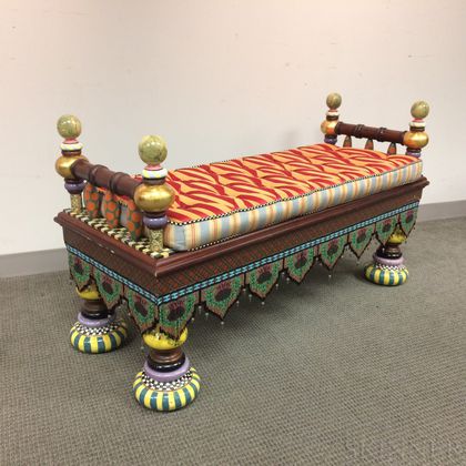 MacKenzie-Childs Upholstered, Beaded, and Paint-decorated Wood and Ceramic "Ridiculous" Bench