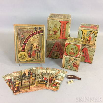 Set of Lithographed Wood ABC Blocks, an American Fire Department Puzzle, and a Miniature Set of Dominos and Dice. 