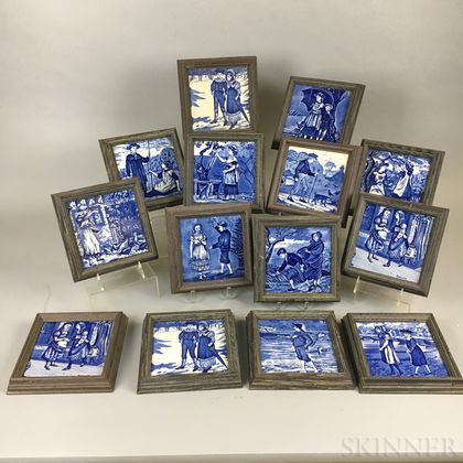 Fourteen Framed Wedgwood Blue Transfer-decorated Ceramic Month Tiles