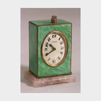 Cartier Silver Gilt, Enamel and Rose Quartz Repeating Boudoir Clock