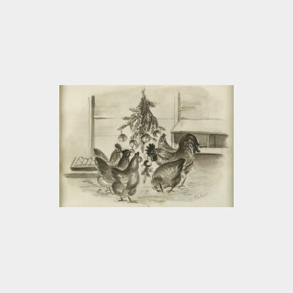 Tasha Tudor (American, b. 1915) Lot of Four Sketches Including: Christmas Chickens, Owl, 