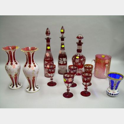 Bohemian Etched Ruby Flash Glass Pair of Decanters, Set of Five Wines and a Decanter, a Gilt Etched Loving Cup,... 