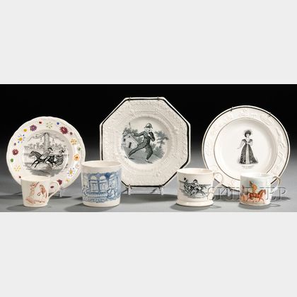 Three Transfer-decorated Plates and Four Mugs