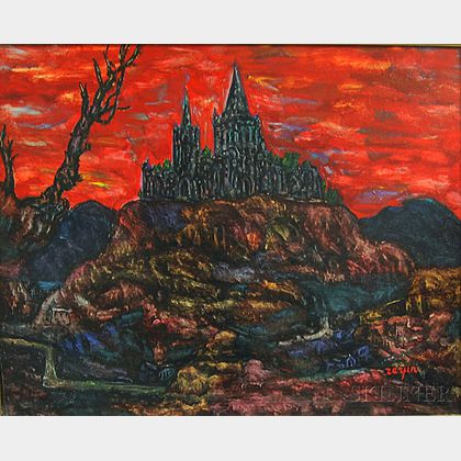 Faibich Shraga Zarfin (Russian, 1900-1975) Landscape with a Hilltop Cathedral Against a Red Sky.