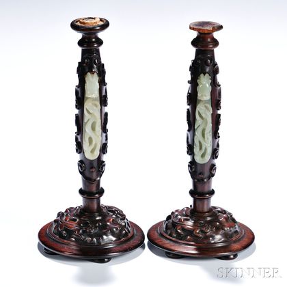 Pair of Jade Belt Buckles on Two Wood Candleholders
