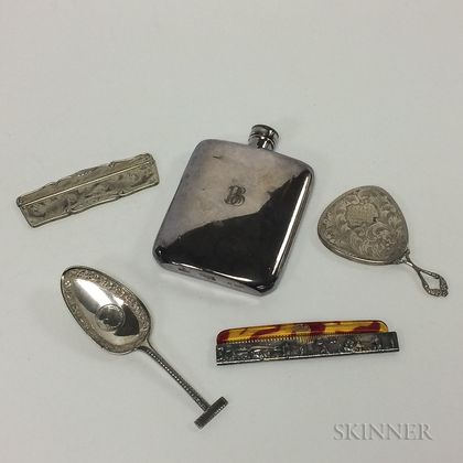 English Sterling Silver Serving Spoon, Silver-plated Flask, and Three Dresser Items