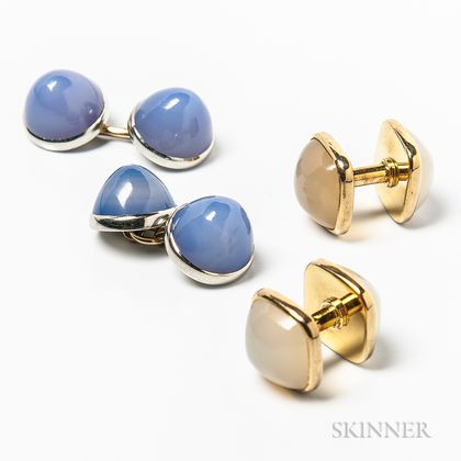 Two Pairs of 14kt Gold and Chalcedony Cuff Links