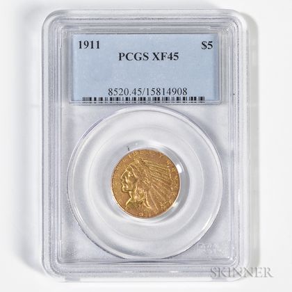 1911 $5 Indian Head Gold Coin, PCGS XF45. Estimate $250-350
