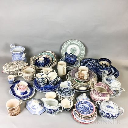 Large Group of Mostly Blue and White Transfer-decorated Ceramic Tableware. Estimate $20-200