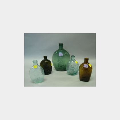 Five Blown Molded Colored Glass Flasks
