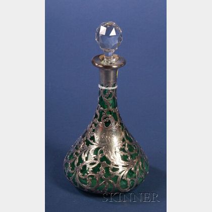 Green Cased Colorless Glass and Alvin Sterling Overlay Decanter