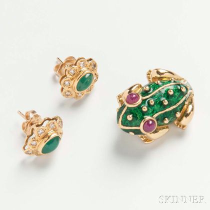 18kt Gold, Enamel, and Ruby Frog Brooch and a Pair of Emerald and Diamond Earrings