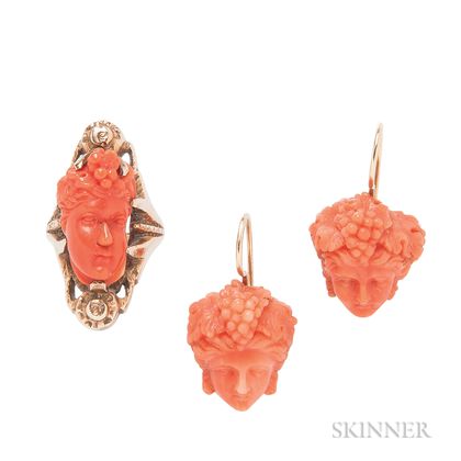Carved Coral Earpendants and a Low-karat Gold and Coral Ring