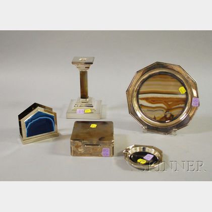 Five Silver Plated and Agate Table and Serving Items
