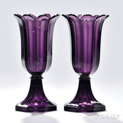 Pair of Amethyst Pressed Glass Tulip Vases