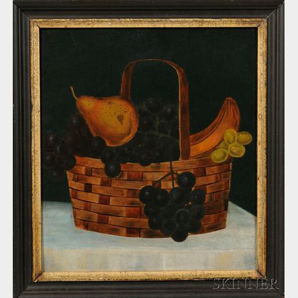 American School, 19th Century Still Life with Fruit in Basket on a Stone Tabletop