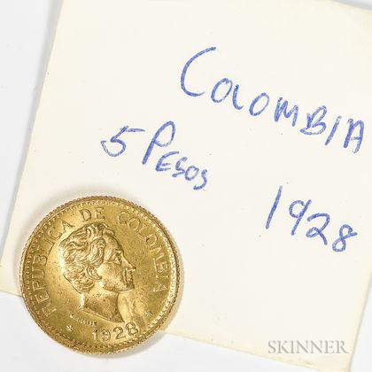 1928 Colombian 5 Pesos Gold Coin
