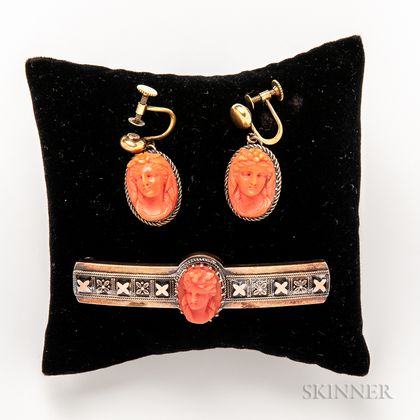 Antique Gold-filled and Coral Cameo Bar Brooch and a Pair of Coral Cameo Earclips