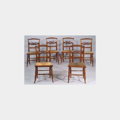 Set of Six Classical Tiger Maple Carved and Turned Side Chairs
