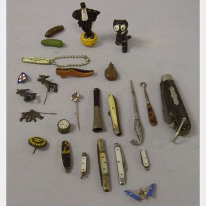Collection of Promotional Pins, Miniature Pocket Knives, and Collectibles. 
