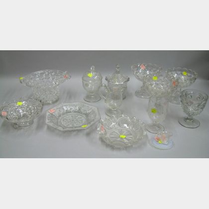Thirteen Pieces of Colorless Pressed Pattern Glass Tableware and a Colorless Glass Basket