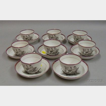 Set of Eight Transfer Print Decorated Pink Luster Teaware, eight cups and saucers, each decorated with a woman and... 