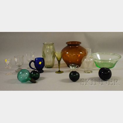 Fourteen Pieces of Assorted Colored and Colorless Blown Glass