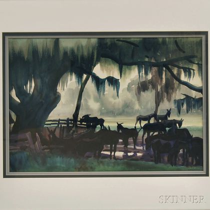American School, 20th Century Donkeys in a Landscape