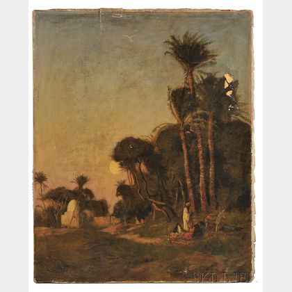 Edwin Lord Weeks (American, 1849-1903) Orientalist Landscape with Figures Resting Under a Palm Tree