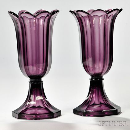 Pair of Light Amethyst Pressed Glass Tulip Vases