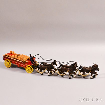 Painted Cast Iron Horse-drawn Wagon with Barrels