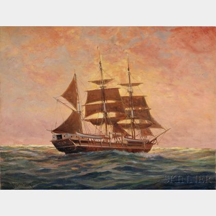 C. Myron Clark (American, 1858-1925) Sailing Ship at Sunset