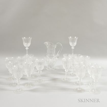 St. Louis Colorless Glass Pitcher and Twenty-six Pieces of Unmarked Stemware.