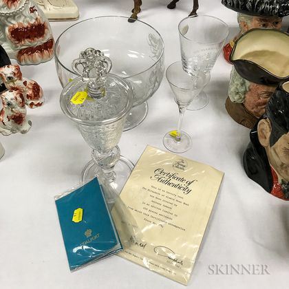 Four Commemorative Etched Colorless Glass Tableware Items