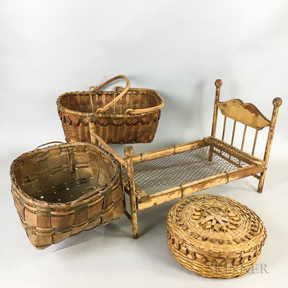 Three Woven Splint Baskets and a Toy Bed. Estimate $20-200