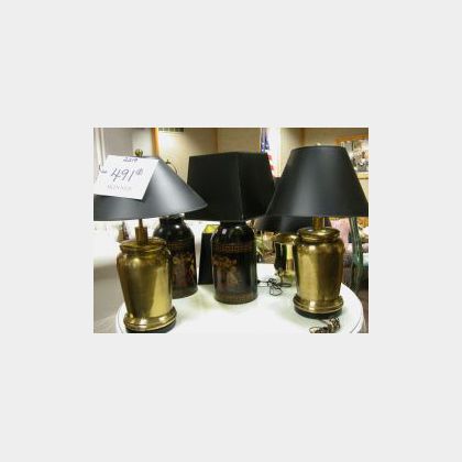 Pair of Decorated Metal Tea Tin Table Lamps, a Pair of Brass Tea Tin Table Lamps and a Brass Table Lamp. 