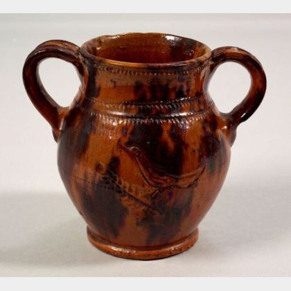 Incised Decorated Two-Handled Redware Jar