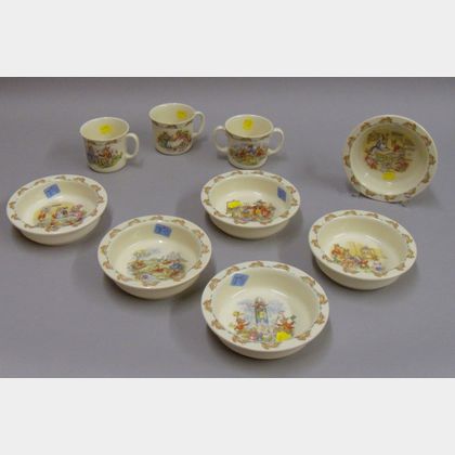 Nine Pieces of Royal Doulton Bunnykins Pattern Ceramic Children's Tableware