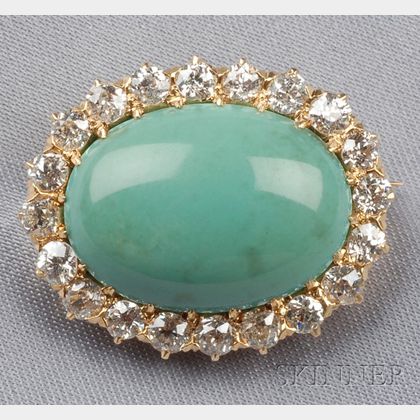 Antique 18kt Gold Turquoise and Diamond Brooch, Schumann and Sons, New York