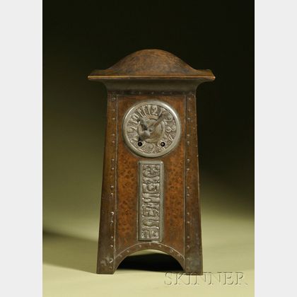 Arts and Crafts Hammered Copper and Pewter Mantel Clock