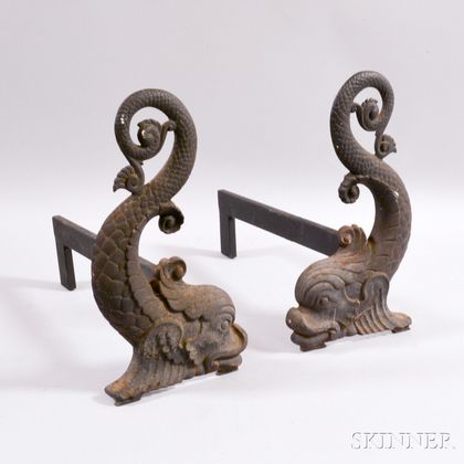Pair of Cast Iron Dolphin Andirons