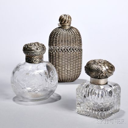Three Sterling Silver-mounted Colorless Glass Items, an inkwell with shell and scroll cast silver lid, ht. 4 1/4, an English Victorian 