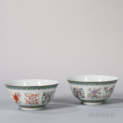 Pair of Fencai Enameled Porcelain Bowls