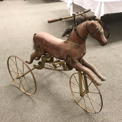 Carved and Painted Pine and Wrought Iron Horse Pedal Toy