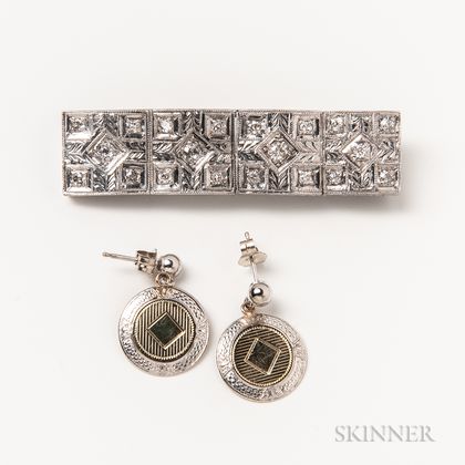 Platinum and Diamond Converted Brooch and a Pair of 14kt Bicolor Gold Earrings
