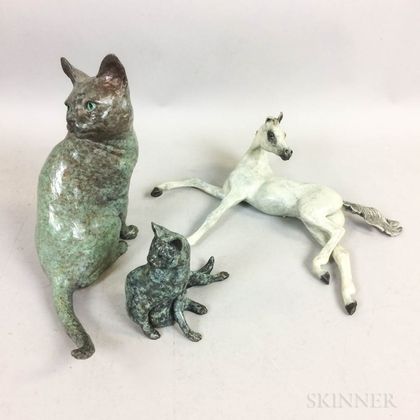 Nancy Jo Rieke (American, b. 1952) Three Bronze Animal Sculptures: Large Seated Cat, Small Seated Cat, Horse Rolling on its Side. Signe