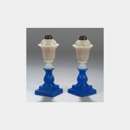 Pair of Blue and Clambroth Pressed Glass Fluid Lamps