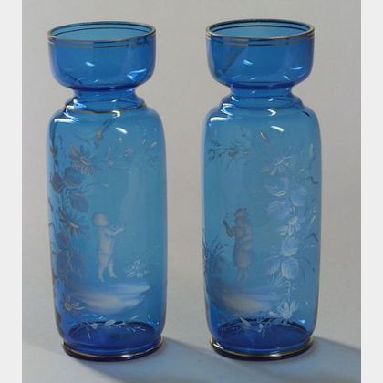 Pair of Mary Gregory Enamel Decorated Blue Glass Vases. 